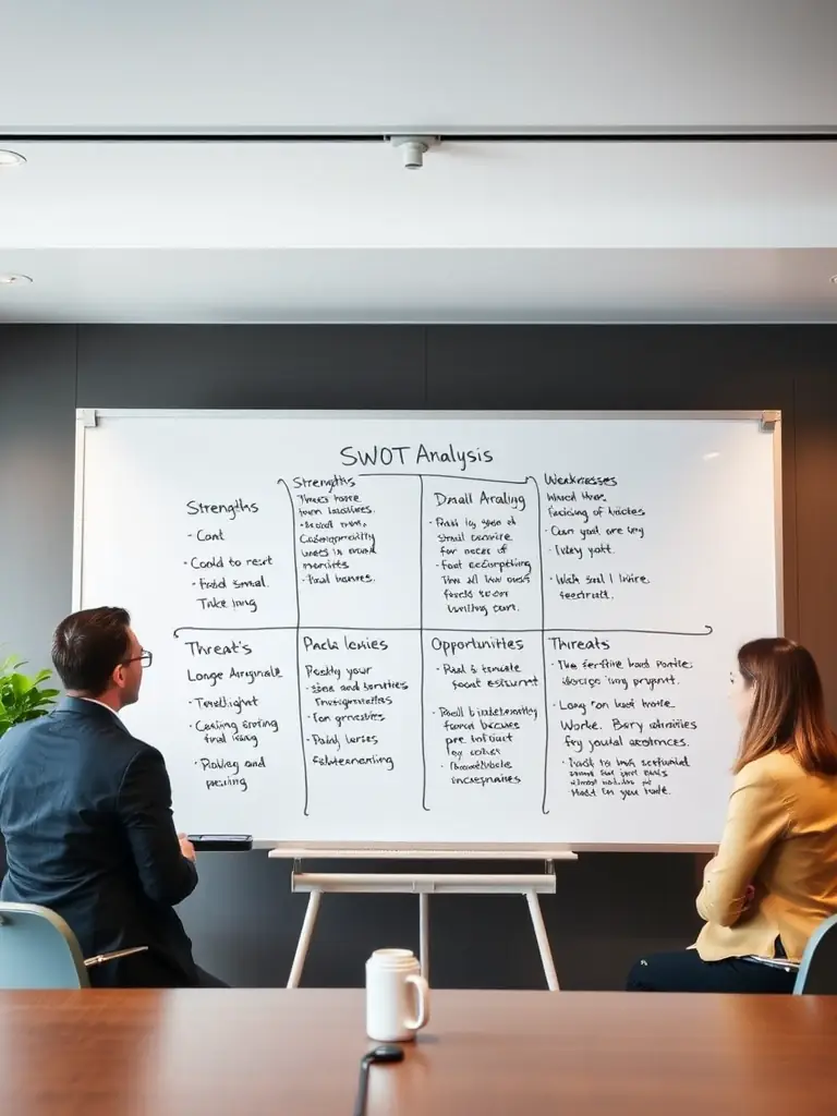 A professional image showing a SWOT analysis matrix for a small restaurant, identifying strengths, weaknesses, opportunities, and threats. The image should convey strategic planning and decision-making.