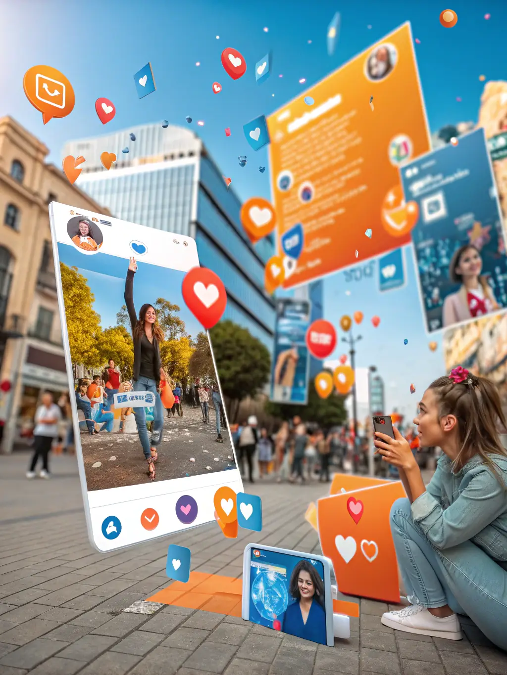 A creative image depicting a generative AI model creating marketing content for a local bakery, including social media posts and email newsletters. The image should emphasize creativity and efficiency.