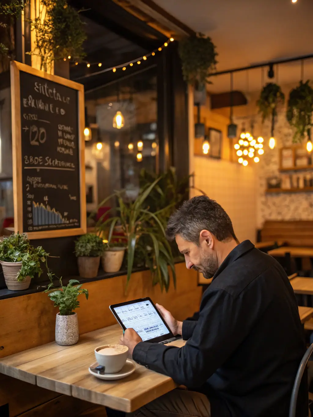 An image of a local coffee shop owner reviewing market research data on a tablet, showing customer preferences and competitor analysis. The image should convey informed decision-making and market understanding.