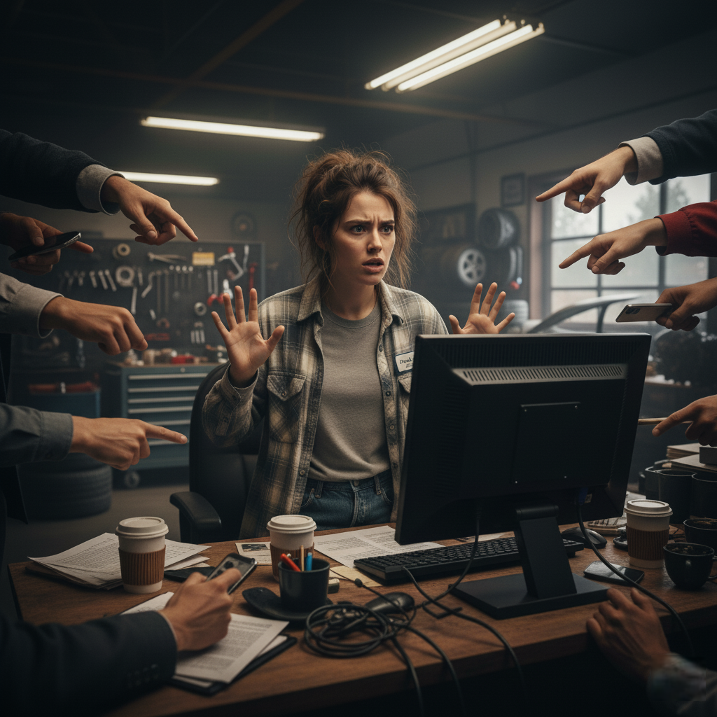 Repair shop employee multitasking at desk with multiple requests from customers