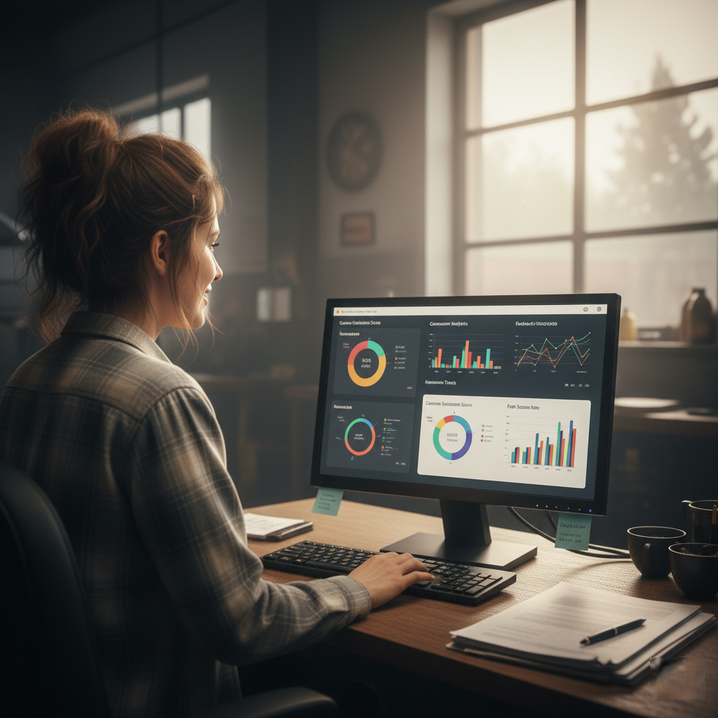 Auto repair shop owner reviewing automated customer insights dashboard