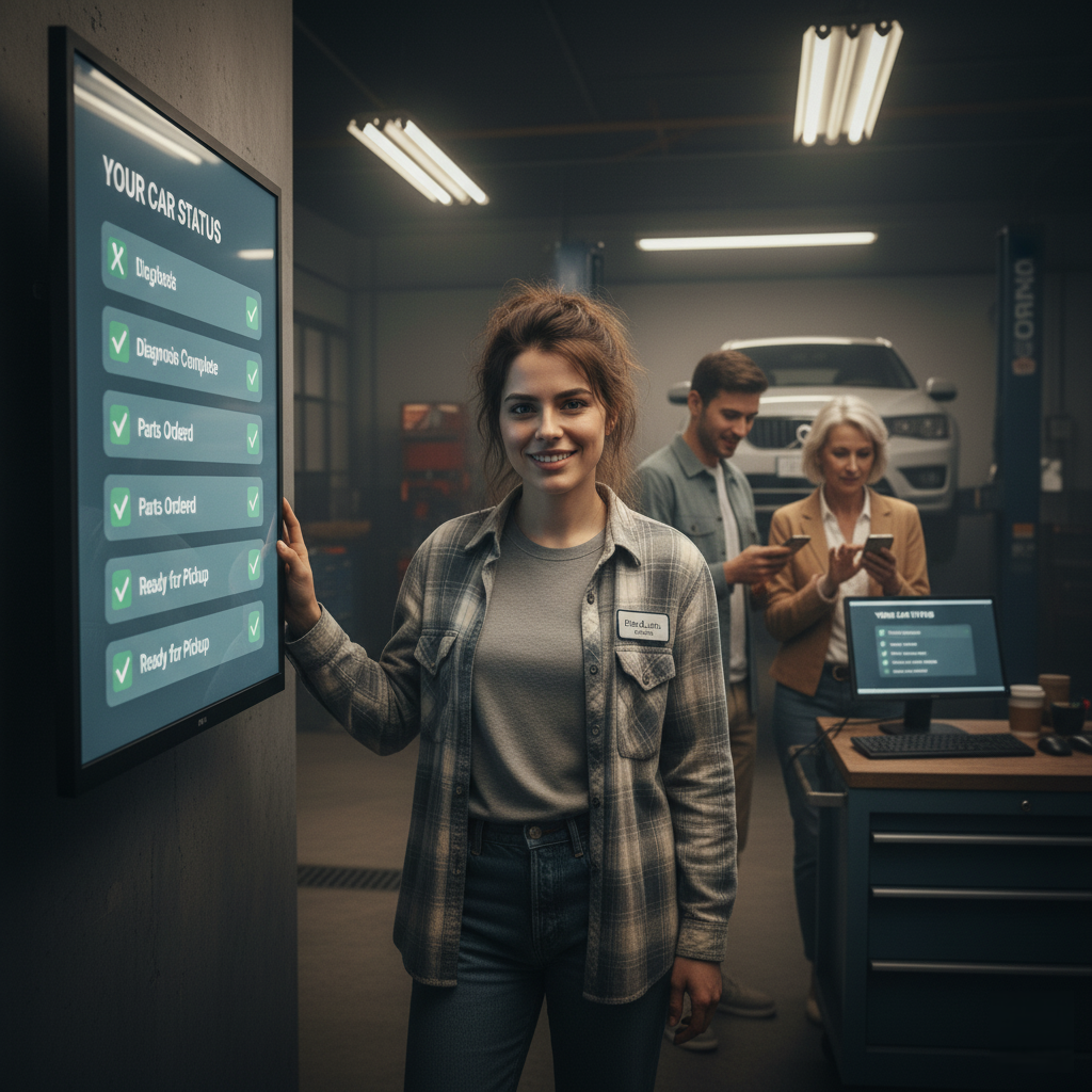 Auto repair shop employee tracking automated customer updates on computer screen