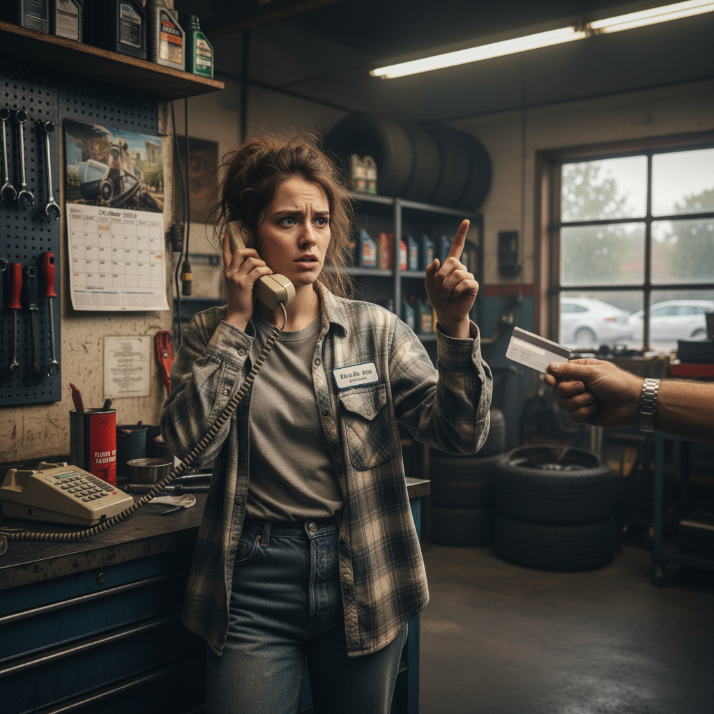 Auto repair shop employee handling calls while multitasking